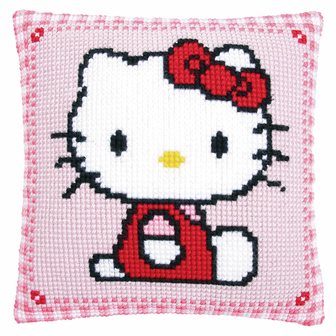 Vervaco Kreuzstichkissen Hello Kitty Kreuzstickpackung vorgedruckt, Stramin, weiss, 40 x 40 x 0,3 cm
