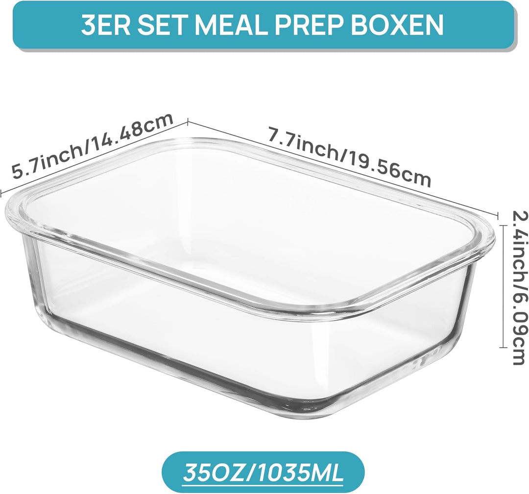 Vtopmart 3er-Pack Meal Prep Boxen Glas, 1035 ML Mealprepboxen für die Essensvorbereitung, Luftdicht