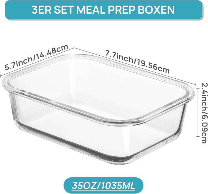 Vtopmart 3er-Pack Meal Prep Boxen Glas, 1035 ML Mealprepboxen für die Essensvorbereitung, Luftdicht