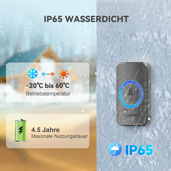 TECKNET Funkklingel, Kabellose Türklingel Funk Set 500m Reichweite, IP65 Aussen Wasserdicht Haustür