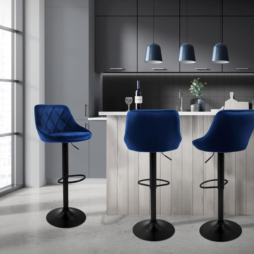 ML-Design Barhocker 2er Set, Bezug aus Samt, Blau, Gepolsterter Barstuhl mit Rückenlehne und Fussstü