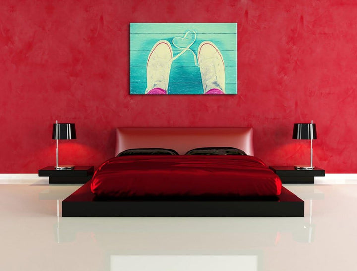 Pixxprint Herzform aus Schnürsenkeln Bunstift Effekt, Format: 100x70 auf Leinwand, XXL riesige Bilde