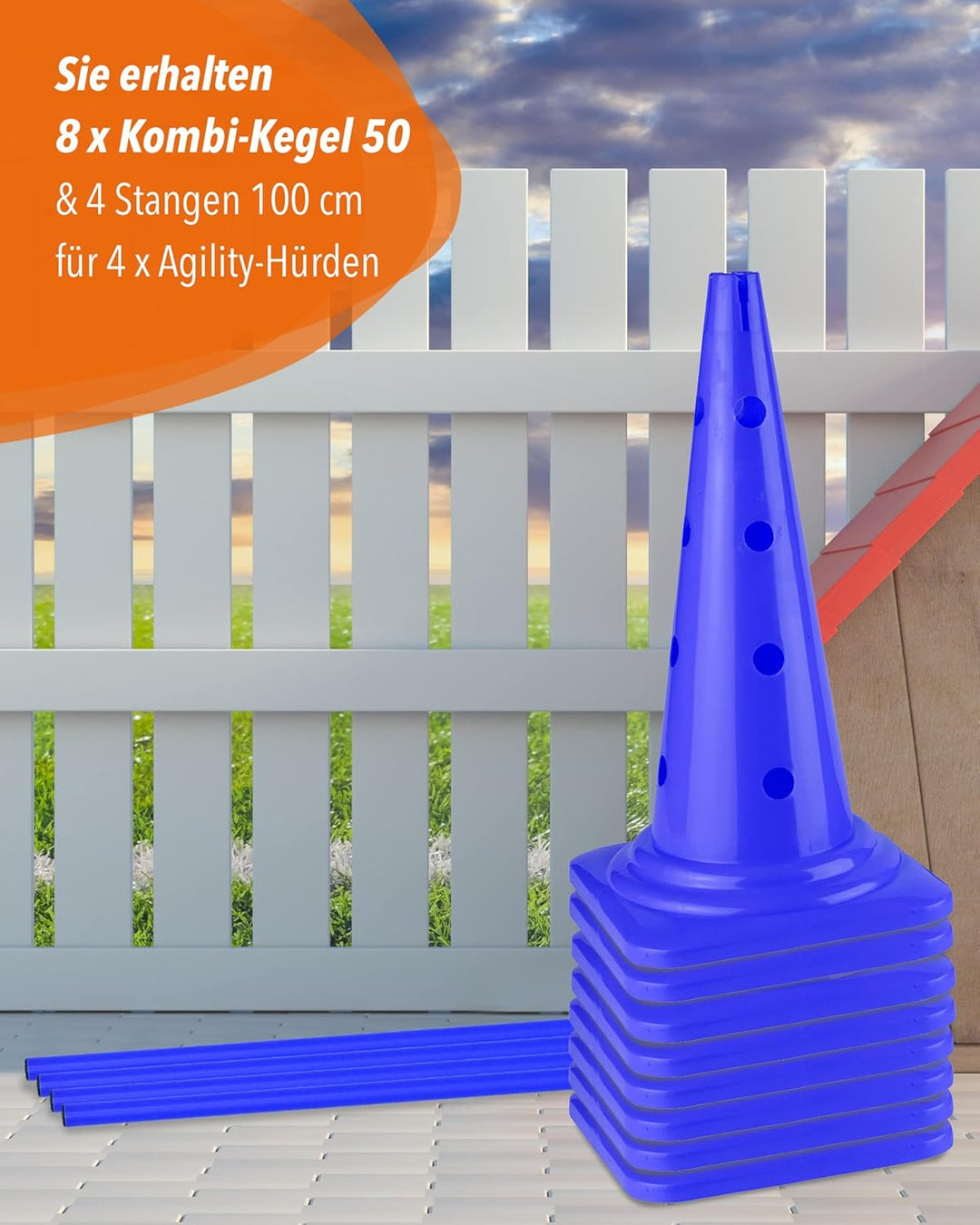 Kombi Kegel-Hürde 50 mit Stangen 100 cm – 4er Set – Parcours-Hindernis für Agility Training – Sprung