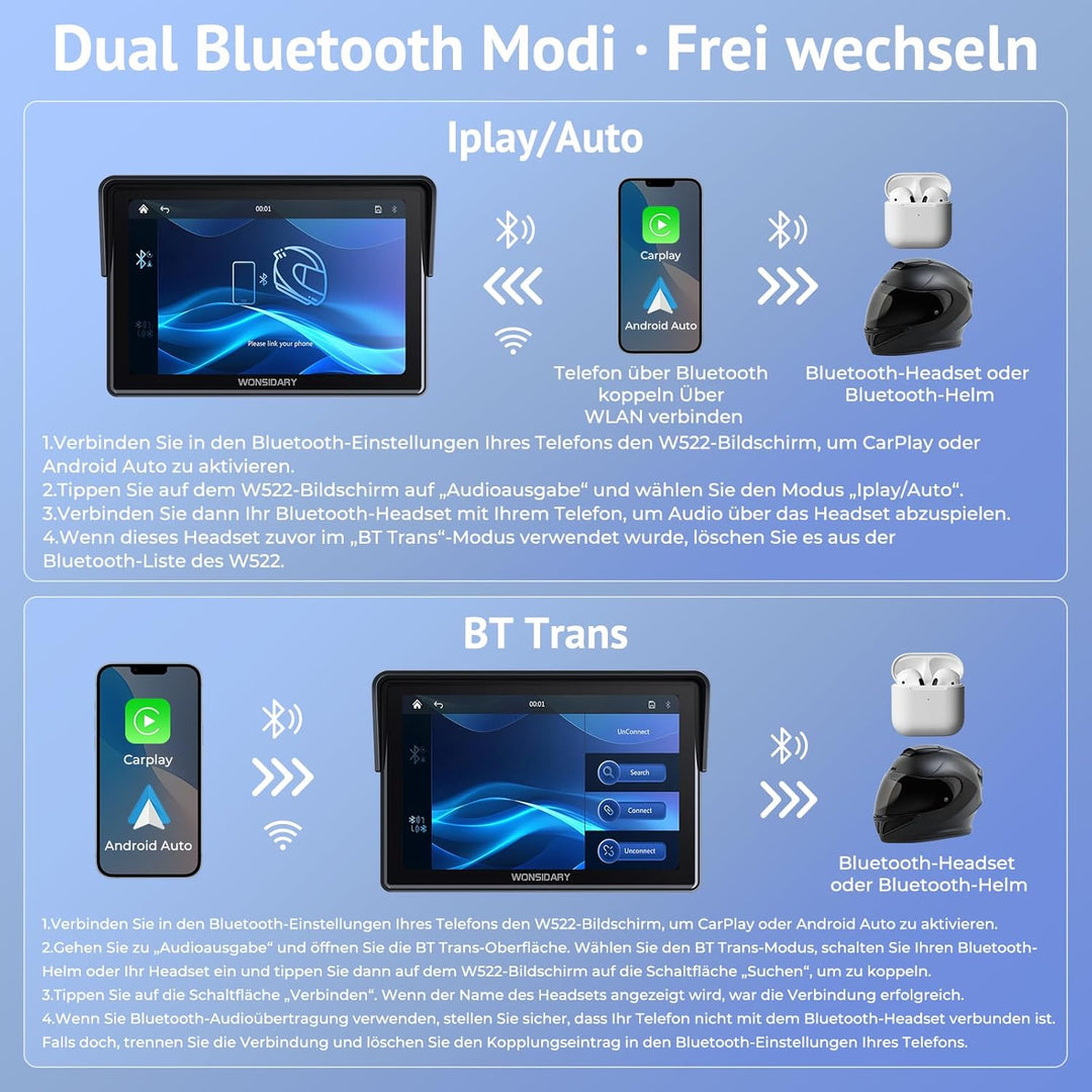 Kabelloses Motorrad CarPlay kompatibel mit Apple CarPlay & Android Auto,W522 5 Zoll IP67 Wasserdicht