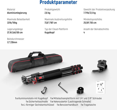 NEEWER 73,6" Horizontal Stativ Multi Winkel Mittelsäule, Kugelkopf und Mittelachse Plattform, Alumin