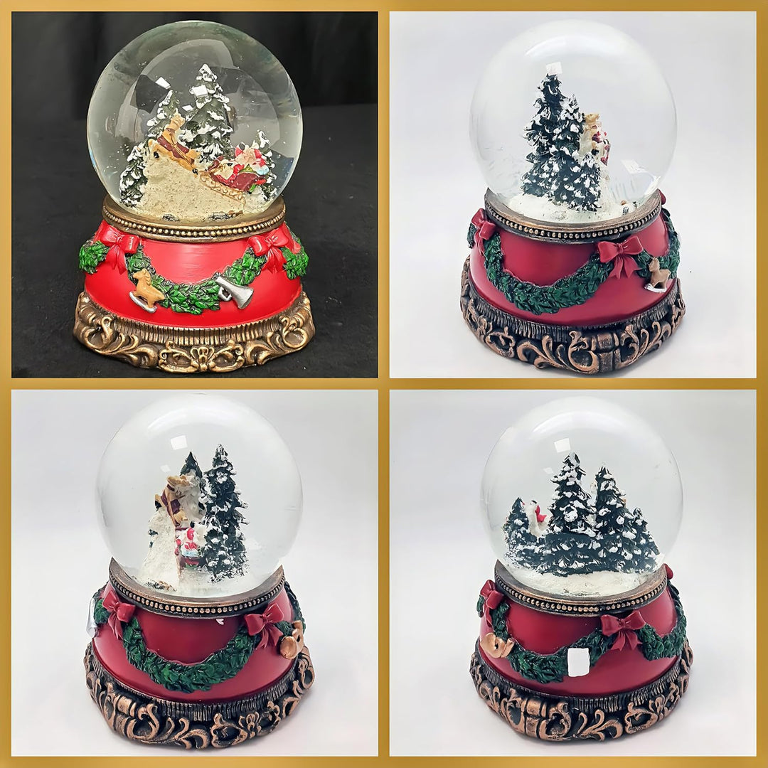 Schneekugel Weihnachten Spieluhr | Santa im Schlitten | Sockel Weihnachten rot Tannengirlande | mit