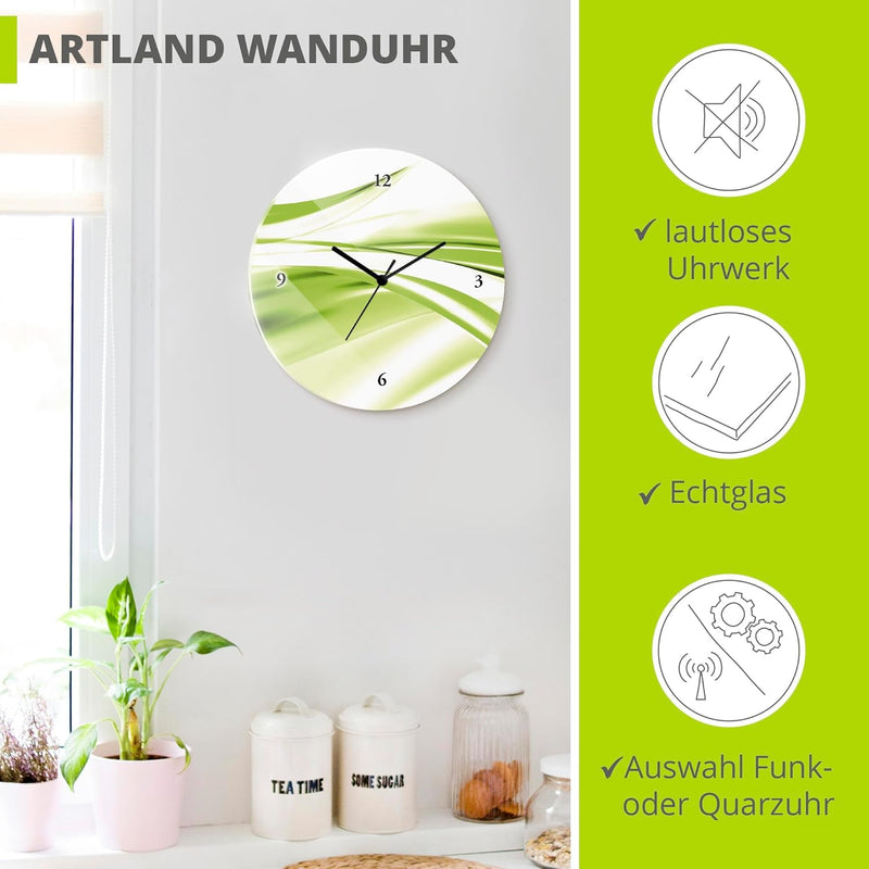 ARTLAND Wanduhr ohne Tickgeräusche Glas Quarzuhr Ø 30 cm Rund Lautlos Design Welle Abstrakt Modern K