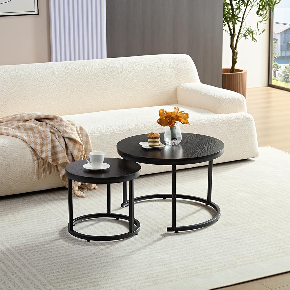 HeyHeaven® Couchtisch Rund Holz 2er Set – Runder Coach Tisch Schwarze Holz Optik mit Schwarze Metall