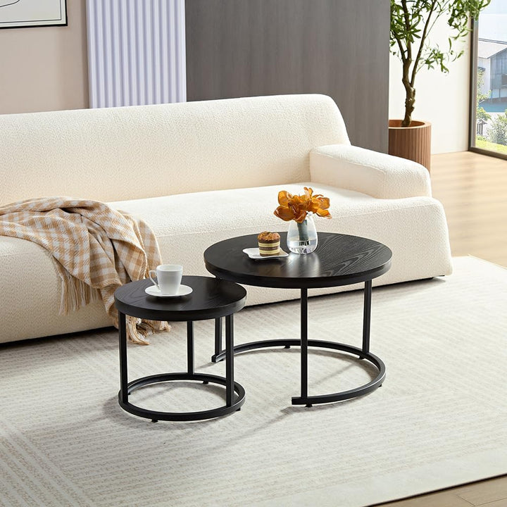 HeyHeaven® Couchtisch Rund Holz 2er Set – Runder Coach Tisch Schwarze Holz Optik mit Schwarze Metall