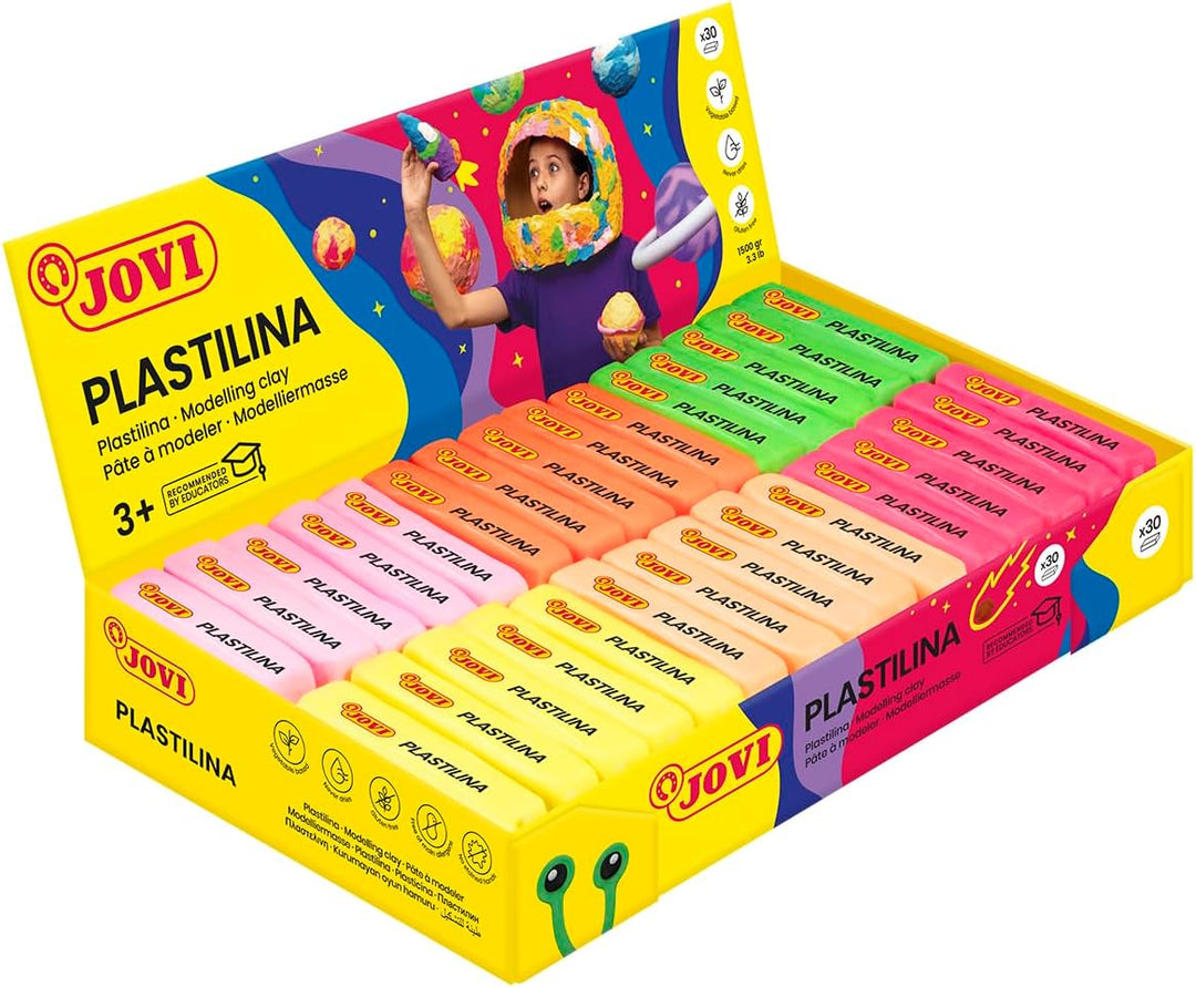 Jovi Plastilin, leicht formbare Modelliermasse für Kinder ab 2 Jahren, 30 Stangen je 50g, Neonfarben