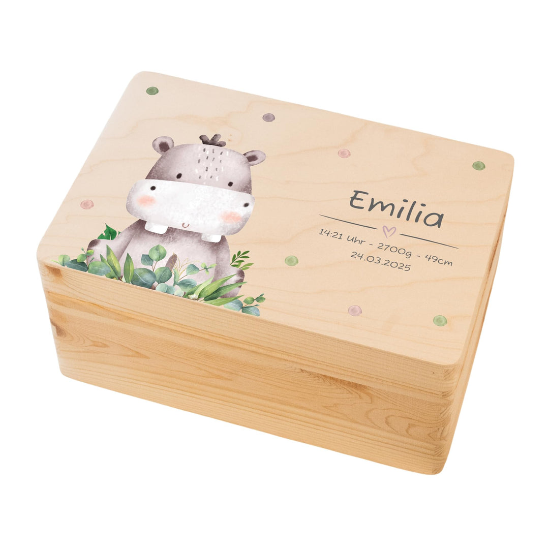 LARIFEE Erinnerungskiste personalisiert Nilpferd mit Name – Baby Erinnerungsbox Holz klein 30x20x14