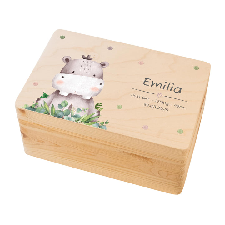 LARIFEE Erinnerungskiste personalisiert Nilpferd mit Name – Baby Erinnerungsbox Holz klein 30x20x14