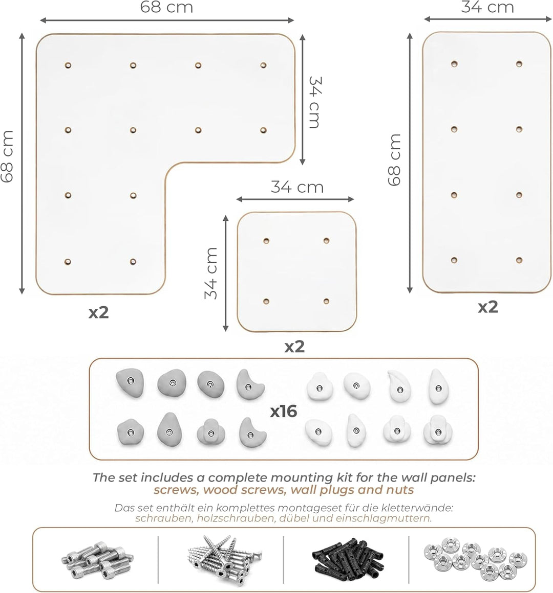 MAMOI® Indoor-Kletterwand mit Griffen, Moderne Kletterwand für das Zimmer, weisse Holzwerkstoffplatt