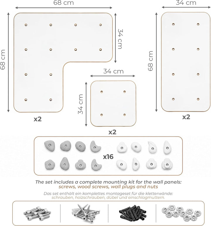 MAMOI® Indoor-Kletterwand mit Griffen, Moderne Kletterwand für das Zimmer, weisse Holzwerkstoffplatt