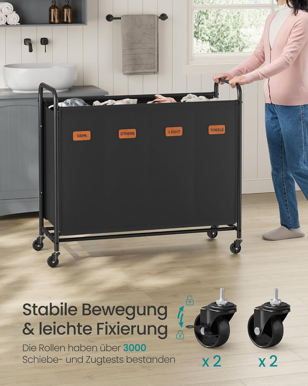 SONGMICS Wäschekorb mit Rollen, Wäschesammler 4 Fächer, 200 L Wäschesortierer, beweglicher Wäschewag