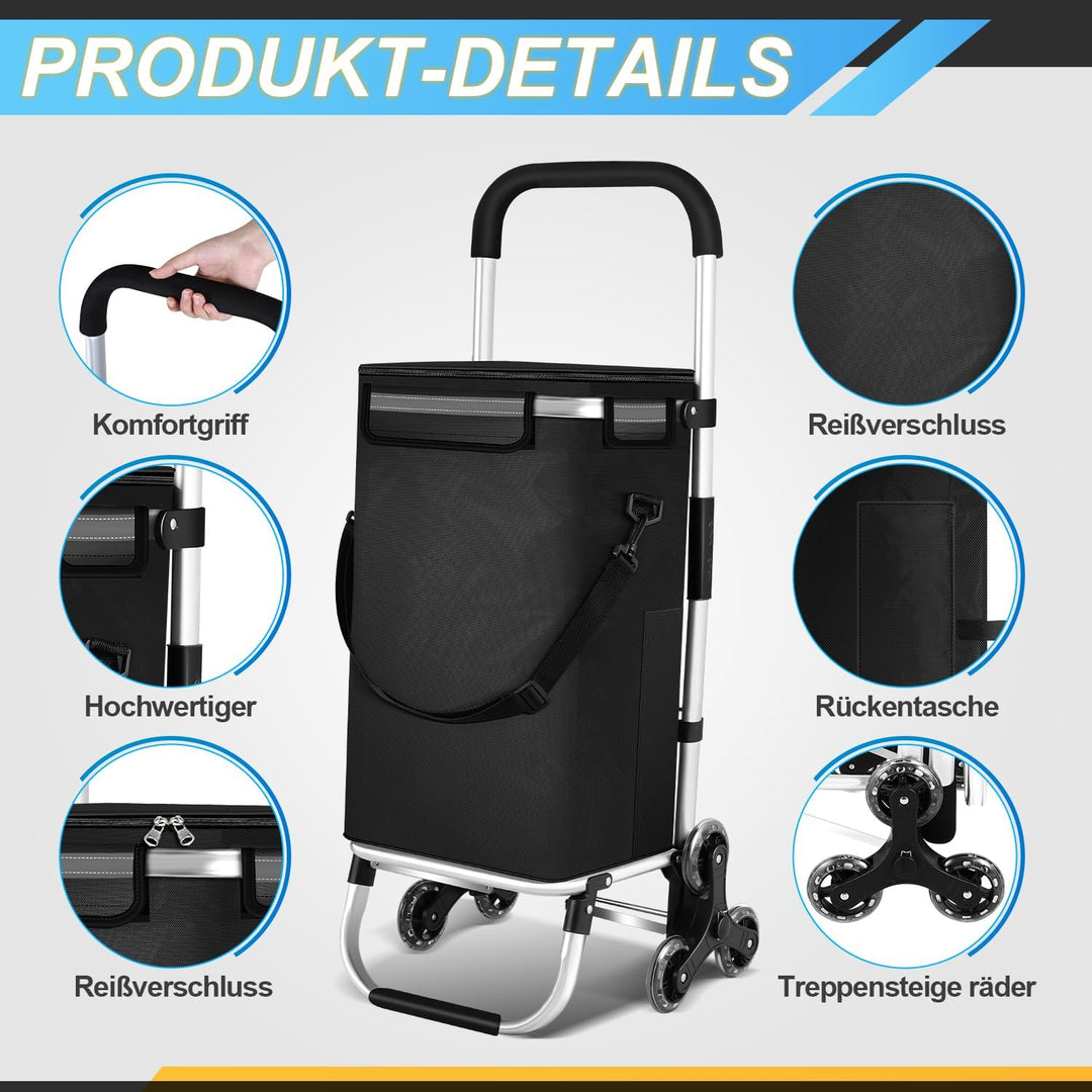 Einkaufstrolley Klappbar 40 Liter Einkaufswagen mit Kühlfach Einkaufstrolley Treppensteiger, Abnehmb
