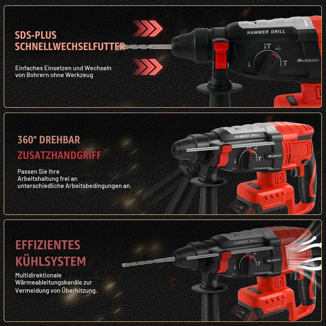 Professional Bohrhammer 600W kompatibel für Milwaukee 18V Akku(ohne Akku),Abbruchhammer Geschwindigk