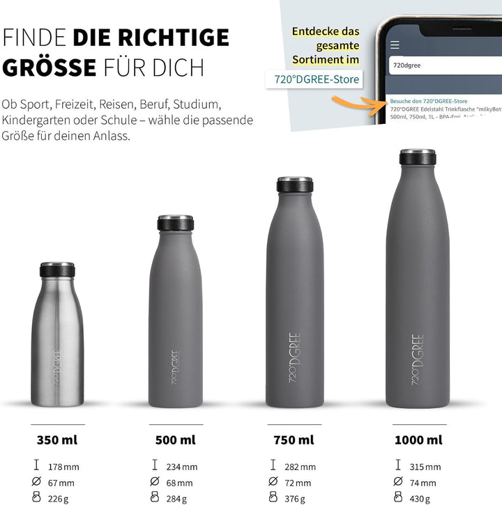 720°DGREE Edelstahl Trinkflasche “milkyBottle” - 750ml - BPA-Frei, Auslaufsicher, Kohlensäure geeign