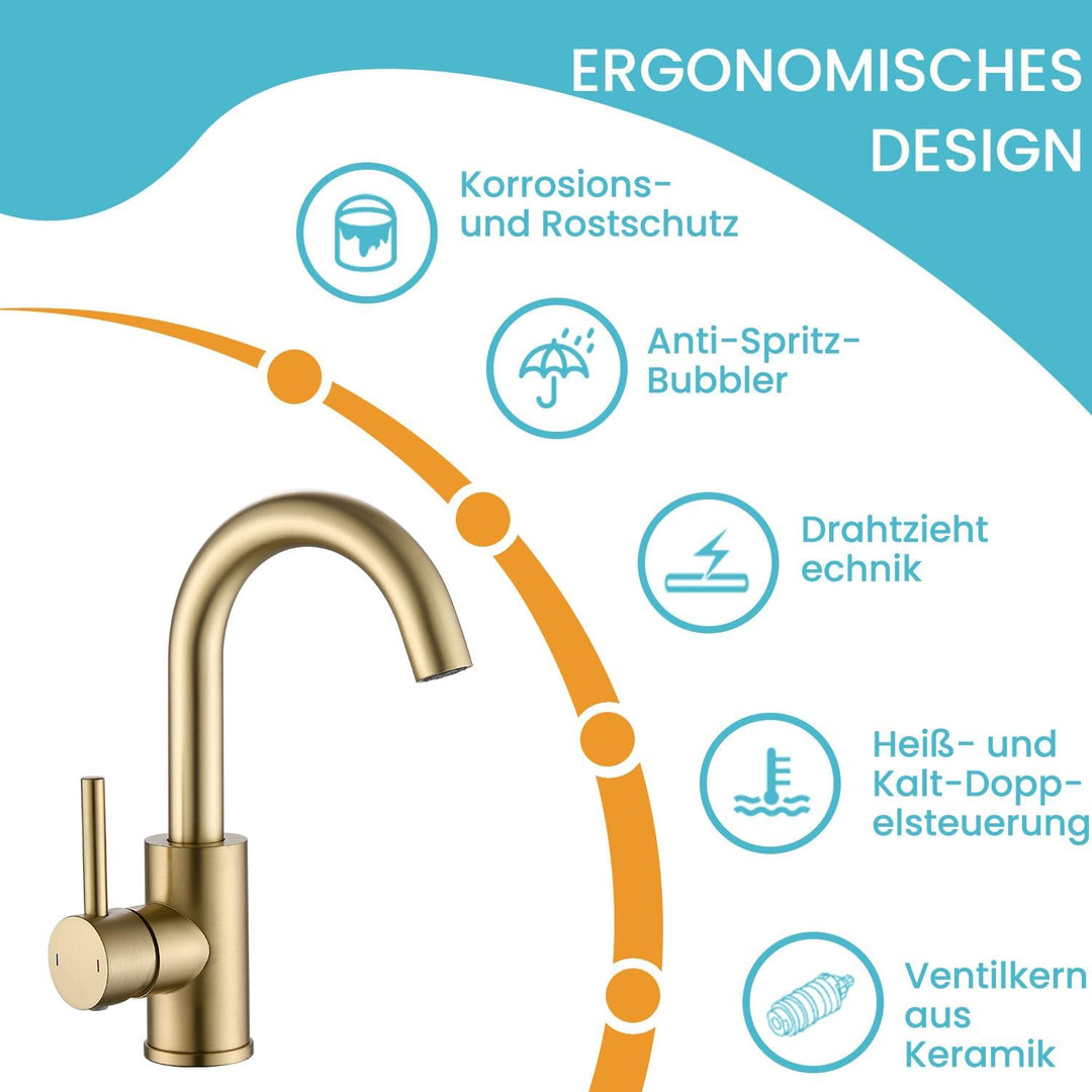 Wasserhahn Bad,Badarmatur/Küche Klein,360°drehbar,Einhebelmischer,Edelstahl Waschbeckenarmatur Gold
