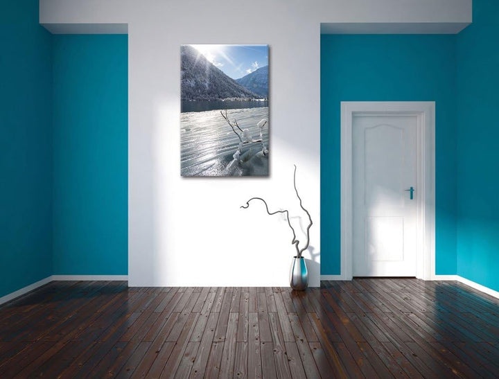 Winterlandschaft See, Format: 100x70 auf Leinwand, XXL riesige Bilder fertig gerahmt mit Keilrahmen,