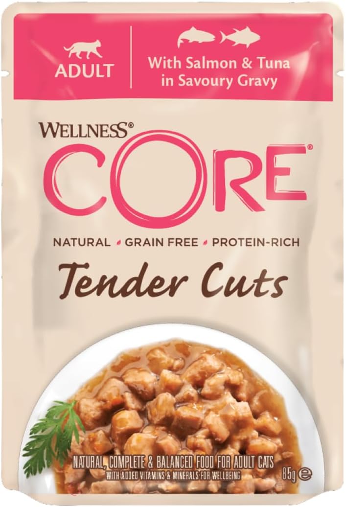 Wellness CORE Tender Cuts, Katzenfutter nass in Sauce, getreidefrei, hoher Fleischanteil, Lachs & Th