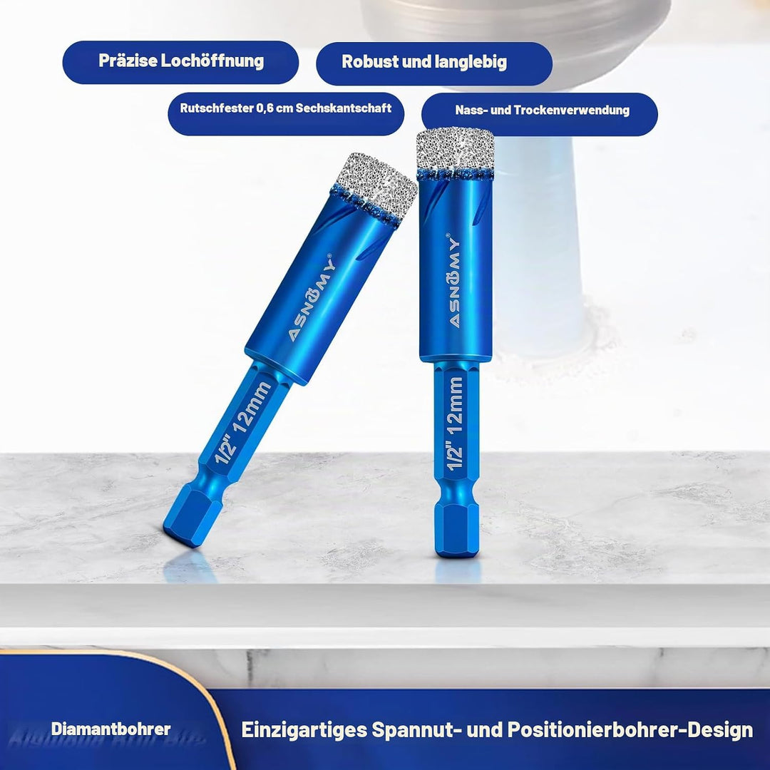 ASNOMY 2Pcs 12mm Diamantbohrer Fliesenbohrer Glasbohrer Set,12mm Diamant Fliesen Bohrer für harte Fl
