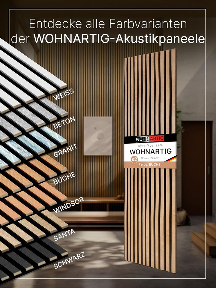 Akustikpaneele 1,485m² - 275cm x 54cm* set - (set = 2 Stück 275cm x 27cm) | Farbe: Buche 206 | Wandv