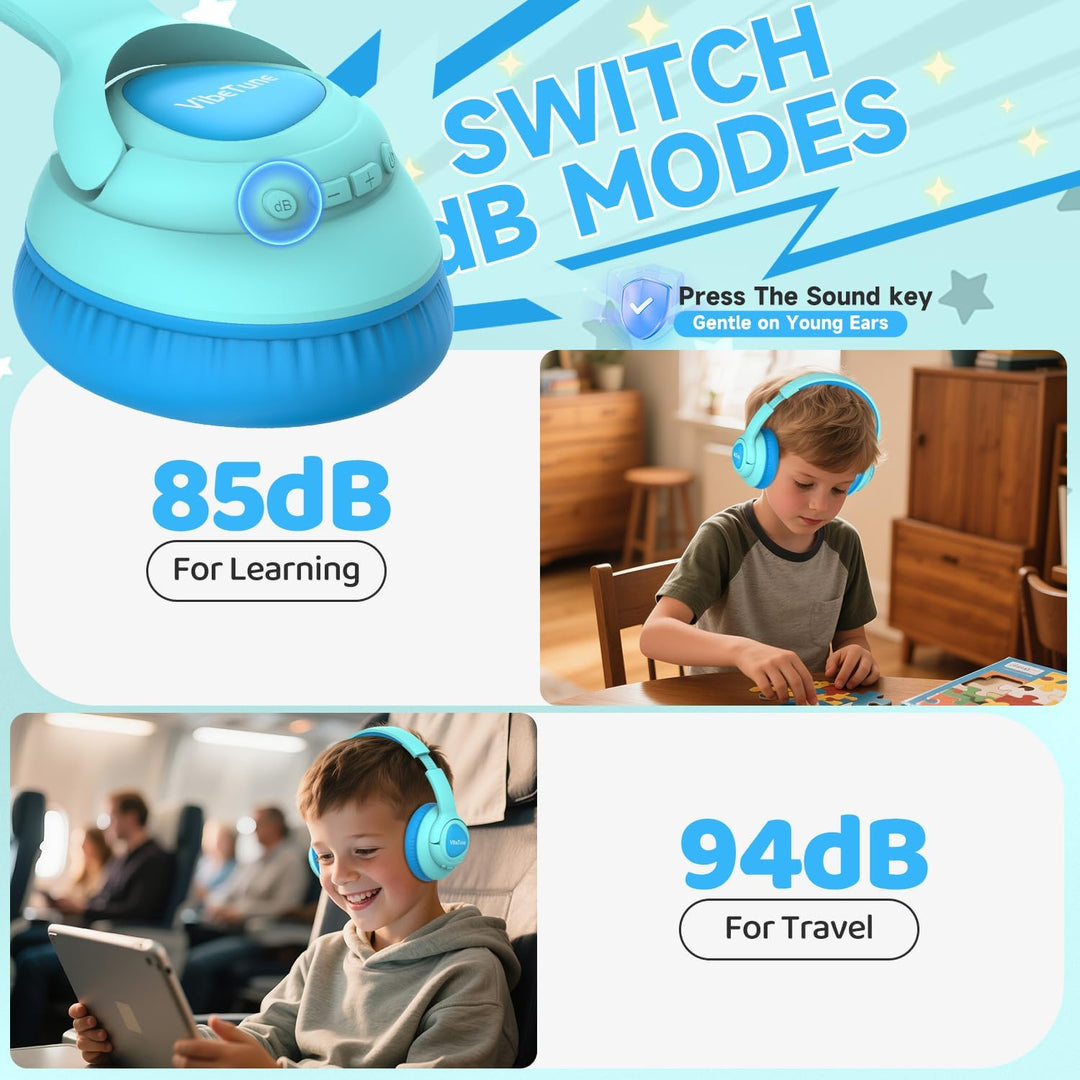 VibeTune Kinder Bluetooth Kopfhörer, 60 Stunden Spielzeit, Lautstärkebegrenzung 85/94dB, Bluetooth 5