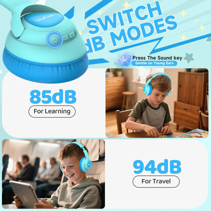 VibeTune Kinder Bluetooth Kopfhörer, 60 Stunden Spielzeit, Lautstärkebegrenzung 85/94dB, Bluetooth 5