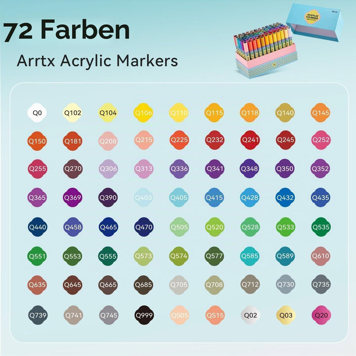 Arrtx 72 Farben Acrylfarben-Stifte, 3mm mittlere Spitze Farbmarker, ungiftig, 86 weiche Spitzen & 8
