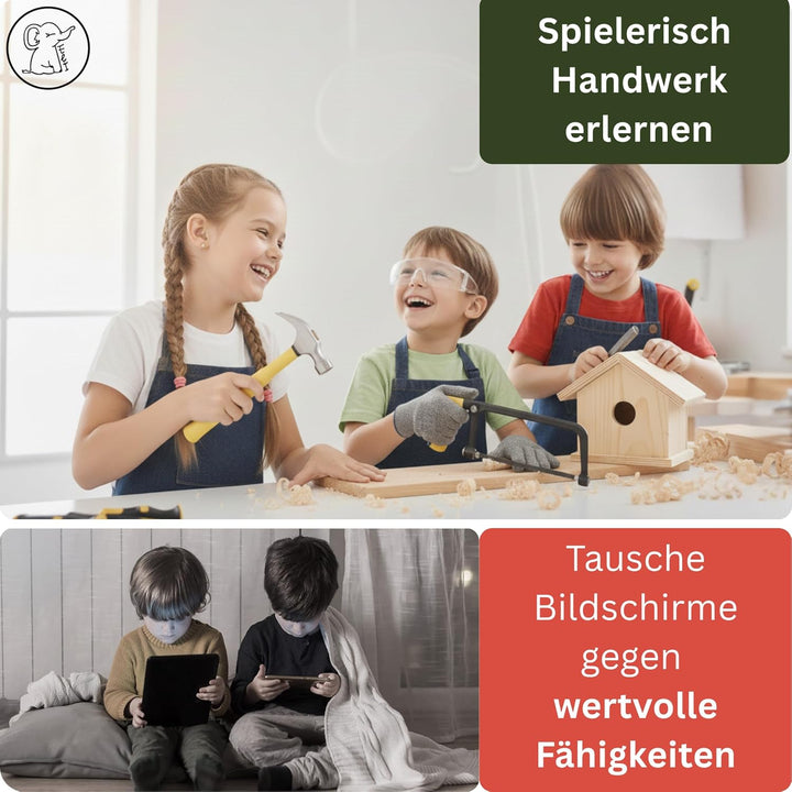 Eli® Kinderwerkzeug Set ab 6 Jahre inkl Kindersäge - Hammer - Holzraspel - Schutzhandschuhe - echtes