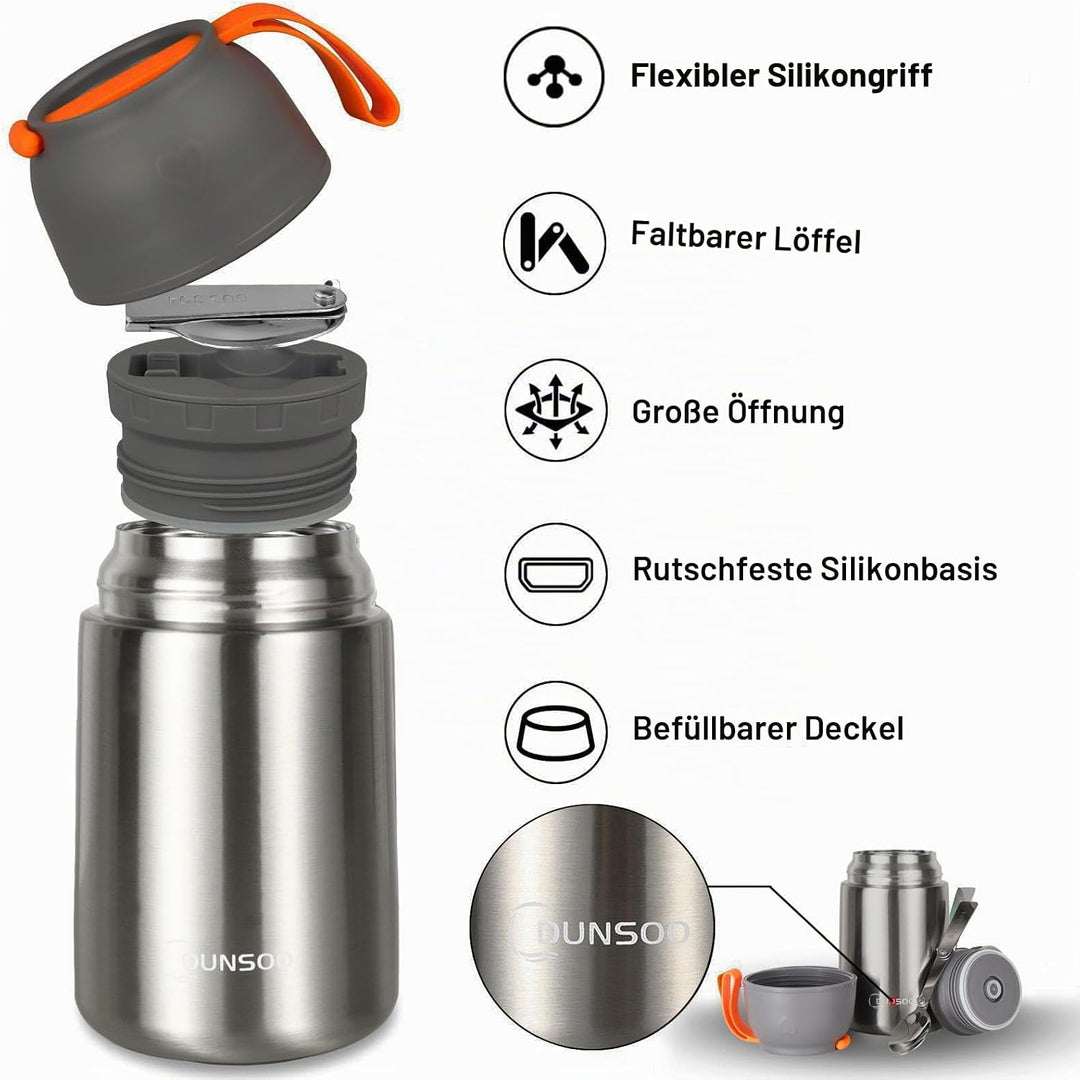 Thermobehälter für Essen 650ml | Wärmebehälter für Speisen Edelstahl mit Faltbaren Löffel | Thermo L