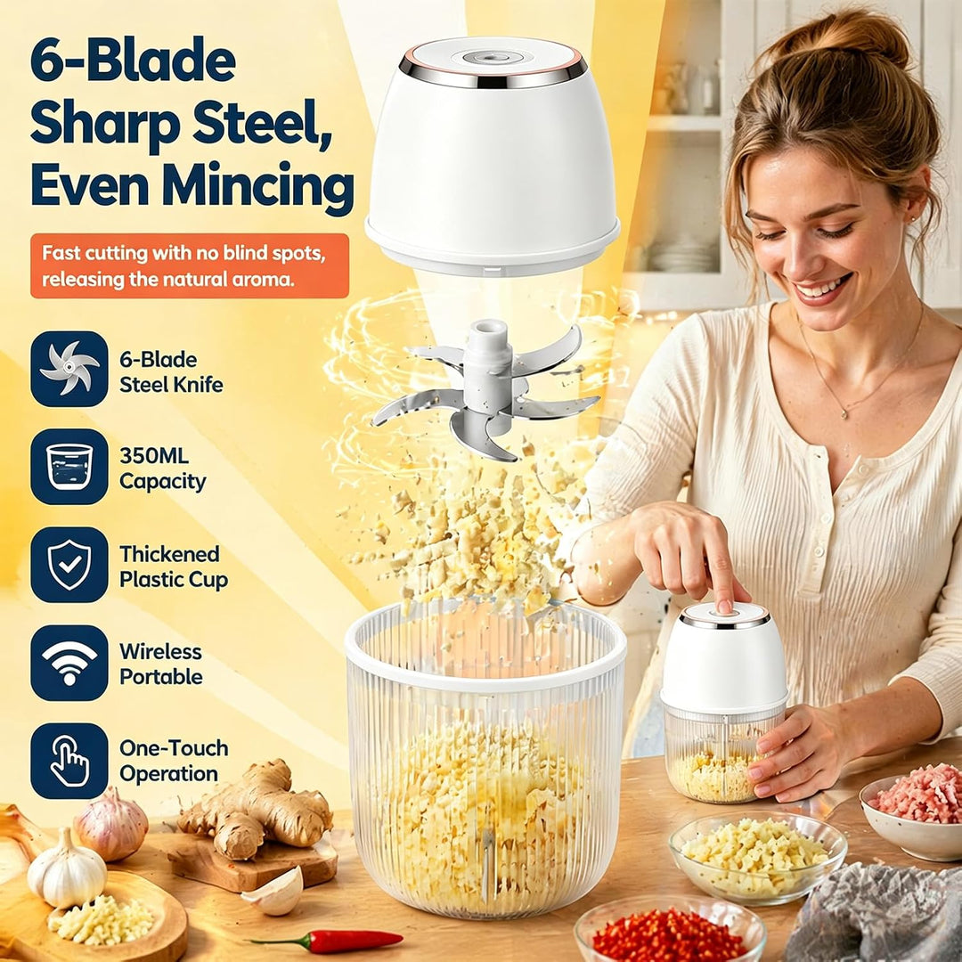 Elektrischer Zwiebel Zerkleinerer 350 ml, 6 Edelstahlklingen, kabelloser Mini Zwiebelschneider mit U