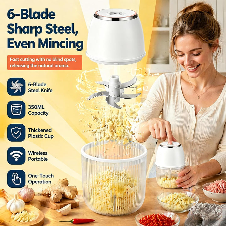 Elektrischer Zwiebel Zerkleinerer 350 ml, 6 Edelstahlklingen, kabelloser Mini Zwiebelschneider mit U