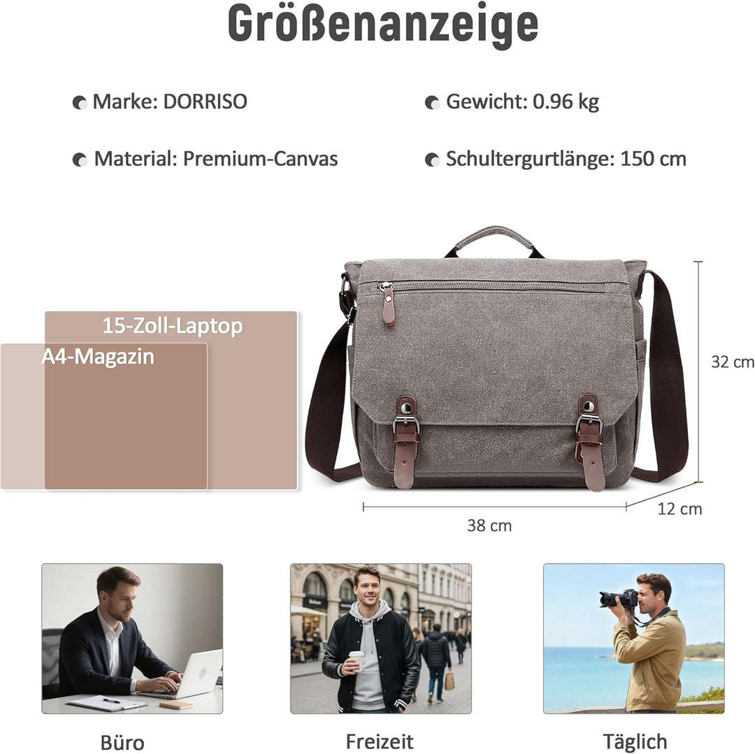 DORRISO Herren Umhängetasche Gross Messenger Bag 14 zoll Laptoptasche für Herren mit Griff Vintage S