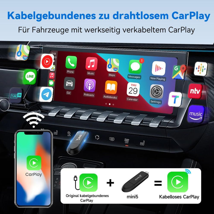Carlinkit MINI5 Wireless CarPlay Adapter, verwandelt das Originale kabelgebundene CarPlay Ihres Auto