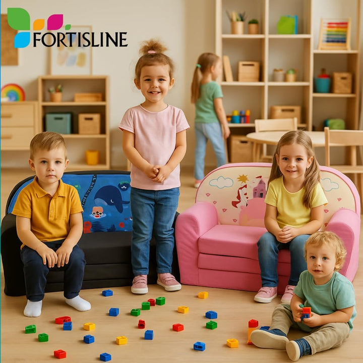 FORTISLINE Kindersofa Mini zum Aufklappen Viele Muster W386 (Rosa Punkte Weiss), Rosa Punkte Weiss