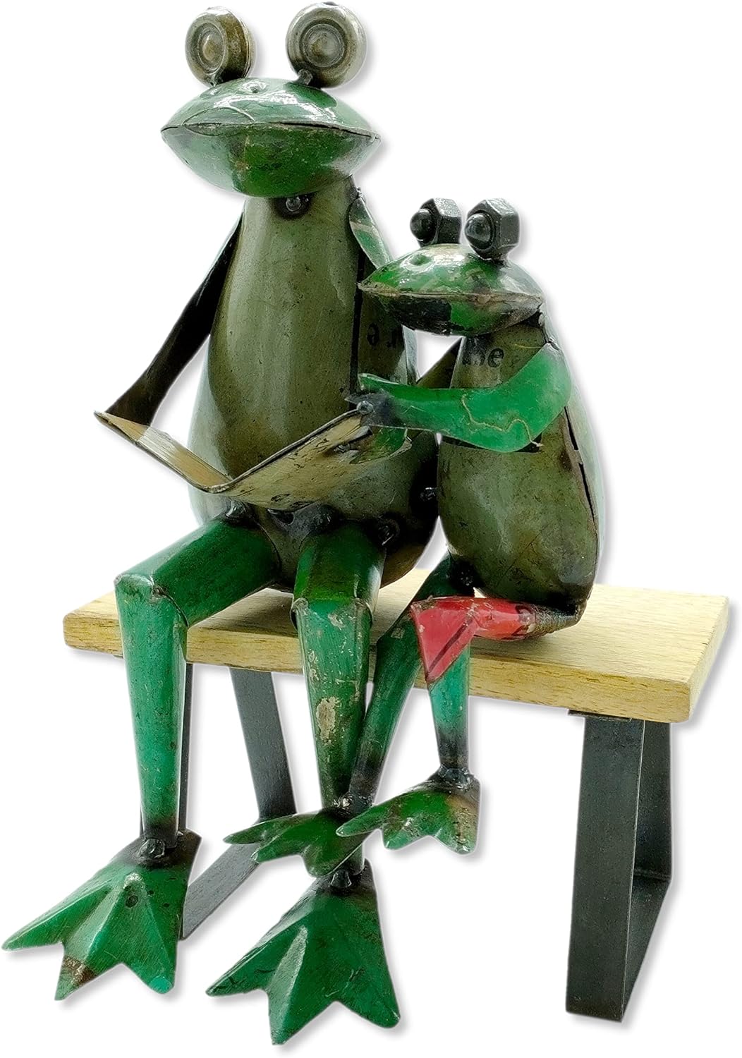 Metall Dekofigur Frösche auf Holz-Bank 21 x 31cm grün braun schwarz Garten-Figur Deko Frosch Skulptu