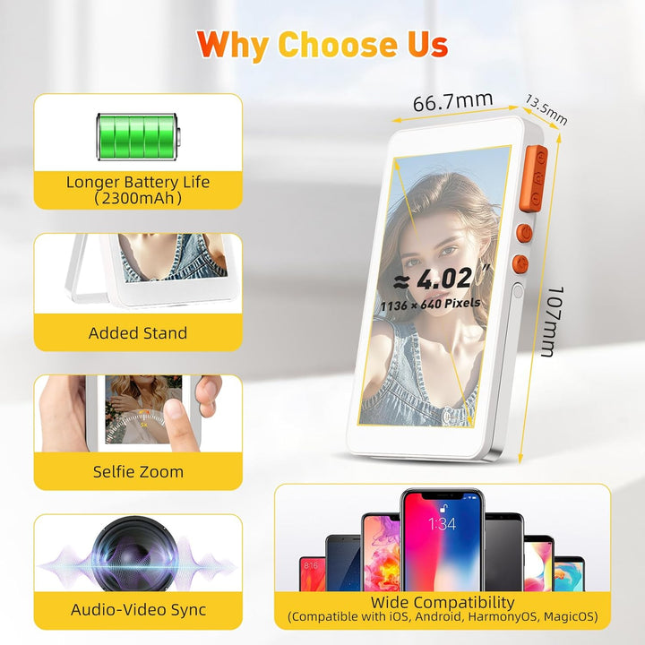 Handy Selfie Monitor, 4,02″ Magnetisches Drahtloses Portable Monitor Selfie Bildschirm, 2300 mAh, mi