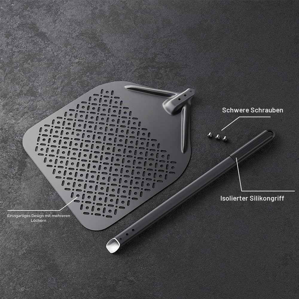 NUTUNI Pizzaschaufel, perforiert, 36 cm, Pizzaschaufel aus harteloxiertem Aluminium mit abnehmbarem