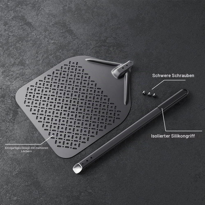 NUTUNI Pizzaschaufel, perforiert, 36 cm, Pizzaschaufel aus harteloxiertem Aluminium mit abnehmbarem