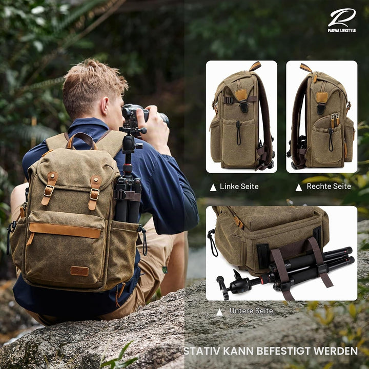 Padwa Lifestyle Kamerarucksack - Gewachstem Memory Canvas mit 16“ Laptop-/Objektivfach und Stativfac