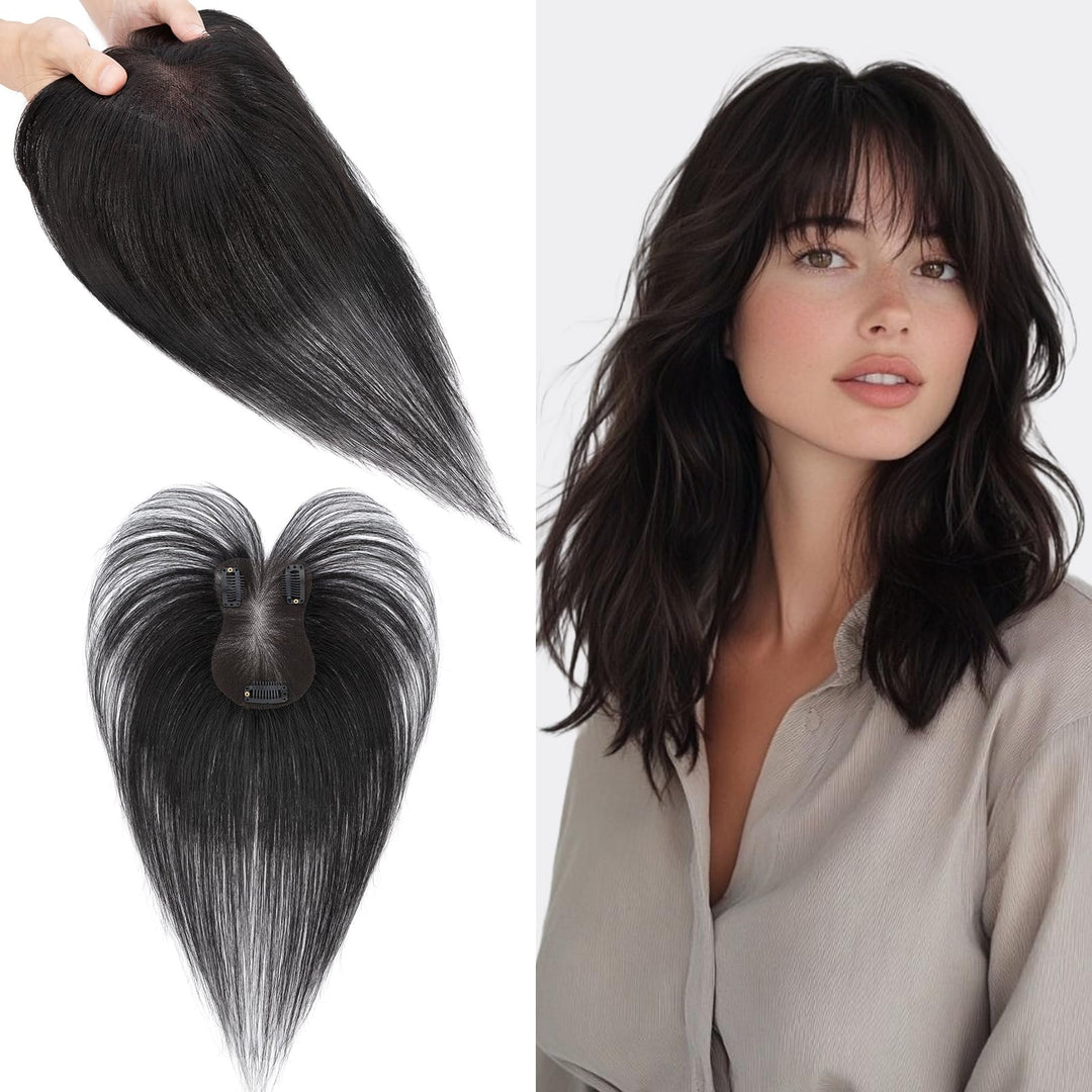 S-noilite Haar Toppers Echthaar Natürliches Schwarz - Toupet für Frauen mit Wispy Pony 100% Echthaar