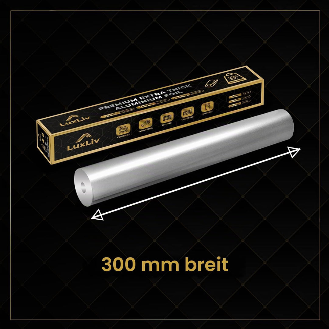 LuxLiv ® 50 m Alufolie - Hochwertige, robuste 20 Mikron dicke Folie, 30 cm breite Küchenfolie für Ca