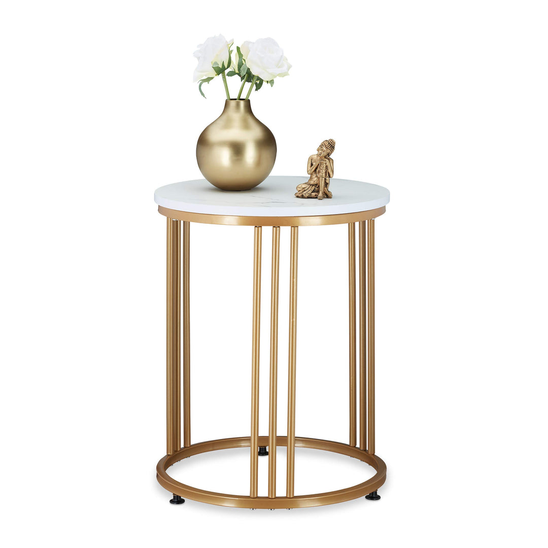 Relaxdays Beistelltisch MARMO, runder Sofatisch, Metall & MDF, weiss/Gold | für Wohnzimmer, Marmorop