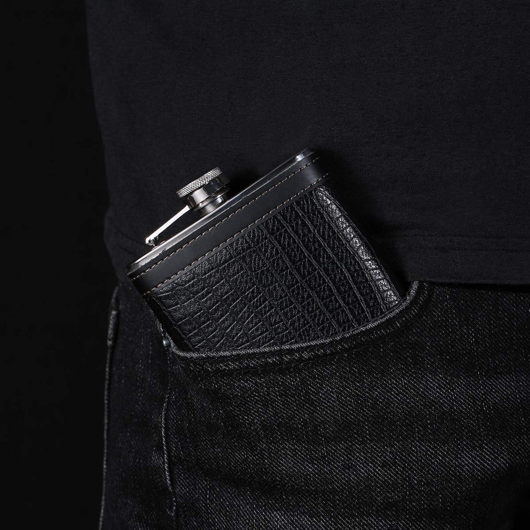 TANEAXON Flachmann mit Trichter und Box, Edelstahl, auslaufsicher, 340 ml, Schwarz