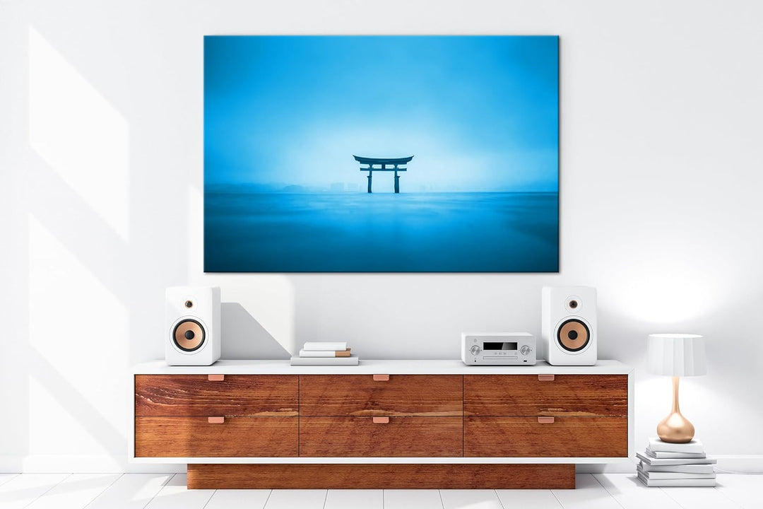 deyoli Schrein in Japan am Meer Format: 80x60 cm Effekt: Monocrome Blau als Leinwandbild, Motiv fert