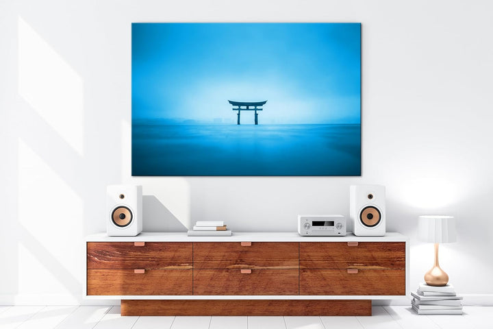 deyoli Schrein in Japan am Meer Format: 100x70 cm Effekt: Monocrome Blau als Leinwandbild, Motiv fer