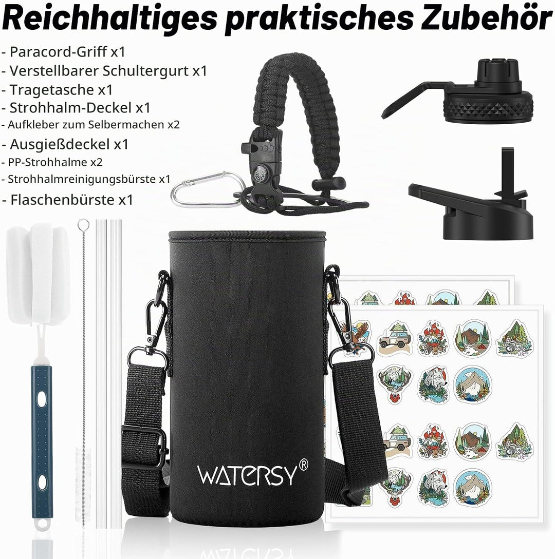 WATERSY Isolierte Edelstahl Trinkflasche 32oz Vakuumisolierte Thermosflasche mit 2 Deckel Auslaufsic