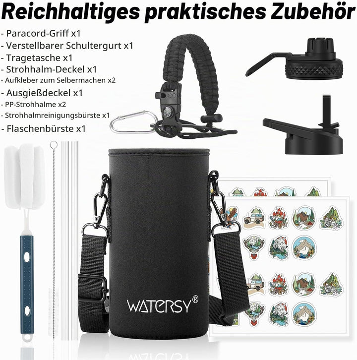 WATERSY Isolierte Edelstahl Trinkflasche 32oz Vakuumisolierte Thermosflasche mit 2 Deckel Auslaufsic